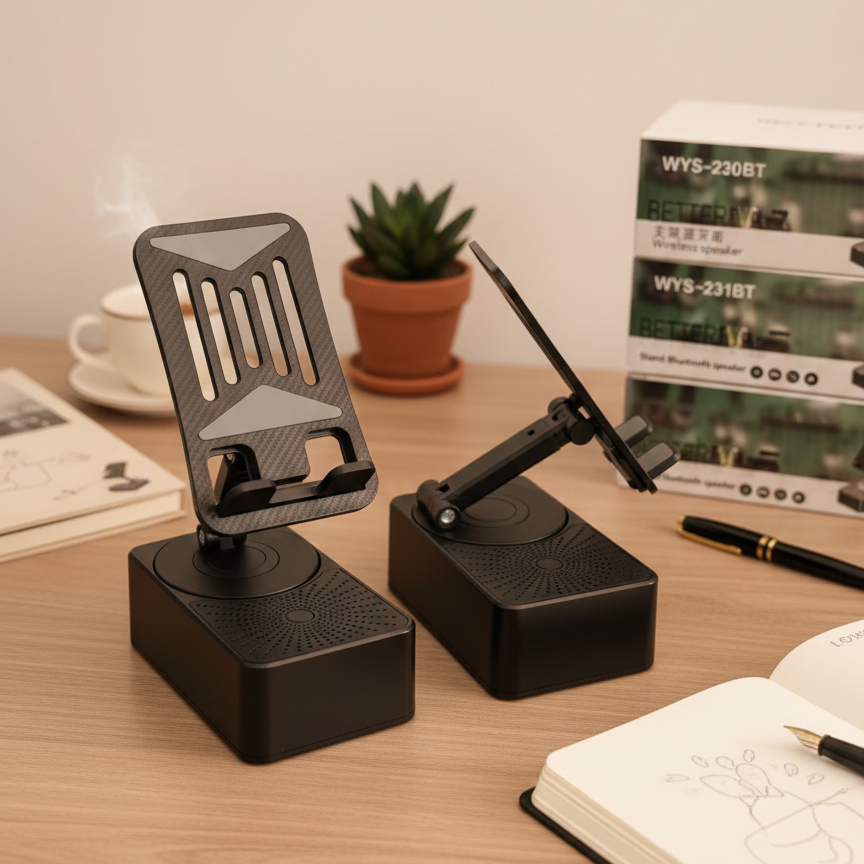 3-in-1 Rotating Foldable Mobile Phone Stand with Built-in Bluetooth Speaker – Adjustable Desktop Holder for Smartphones