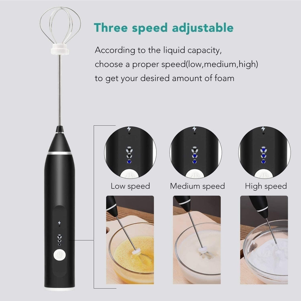 2 In 1 Rechargeable Milk Frother Wand – Powerful Handheld Whisk & Drink Mixer For Coffee, Latte, Cappuccino, Hot Chocolate & Beverages (Black)