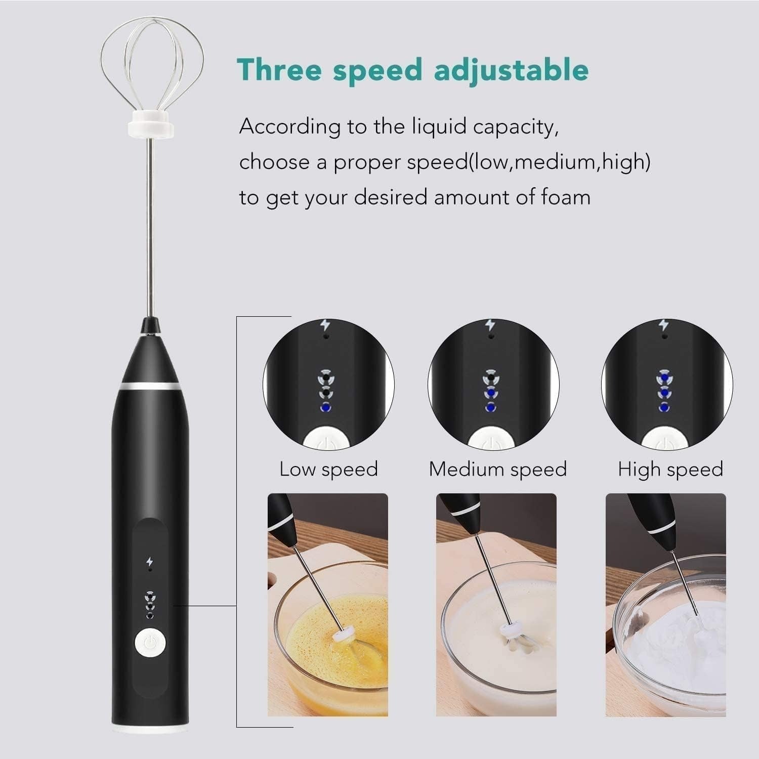 2 In 1 Rechargeable Milk Frother Wand – Powerful Handheld Whisk & Drink Mixer For Coffee, Latte, Cappuccino, Hot Chocolate & Beverages (Black)