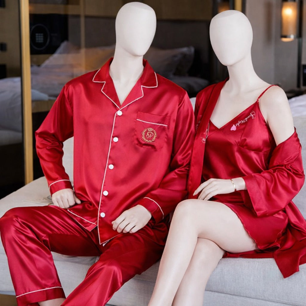 Couple Night Dress Silk Sleepwear Set – 4-Piece Pajama & Robe Set | SKU: DC-C012