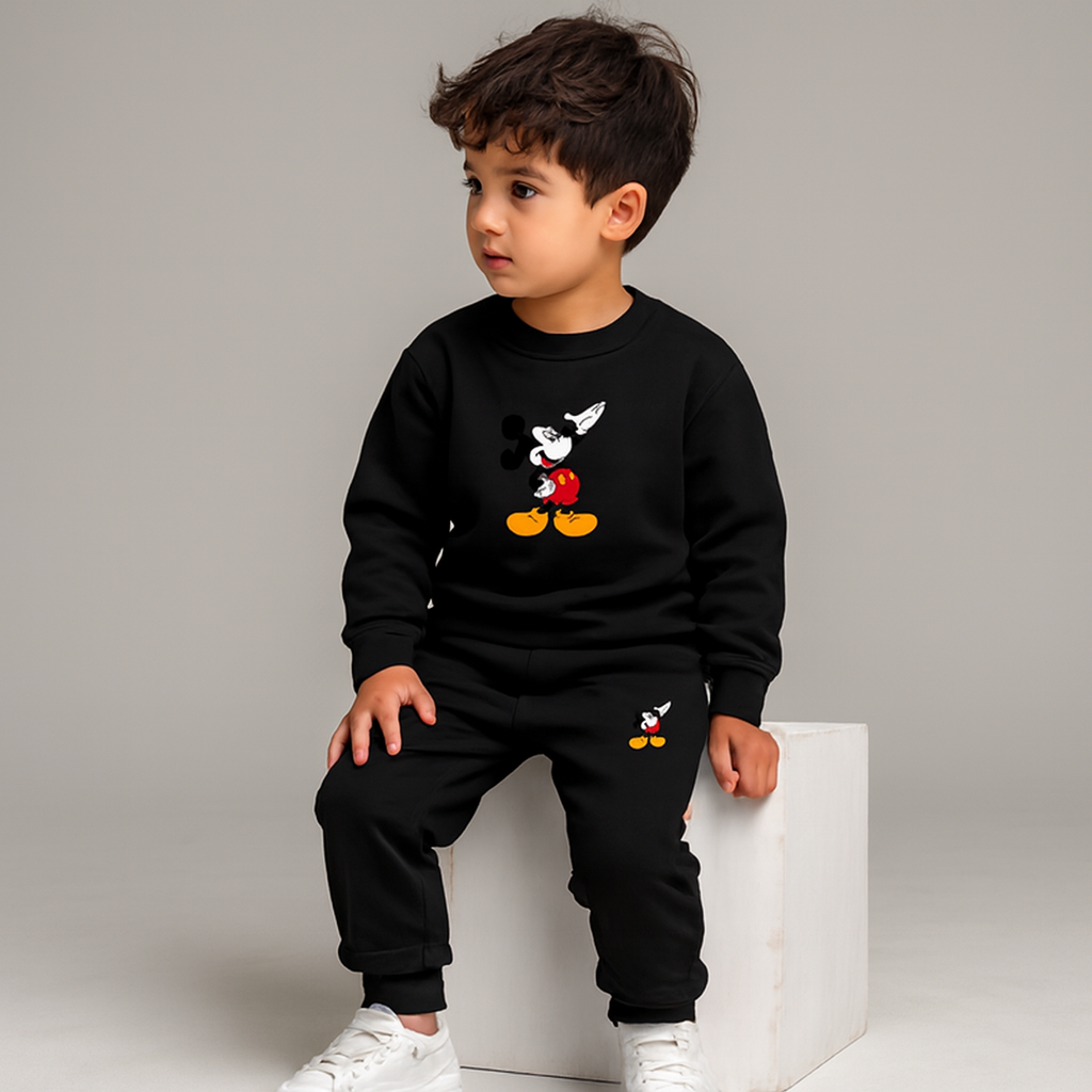 Black Mickey Mouse Printed Kids Tracksuit | Winter Fleece Sweatshirt & Trouser Set for Boys & Girls – Warm & Stylish Outfit  FOR BABY AND KIDS