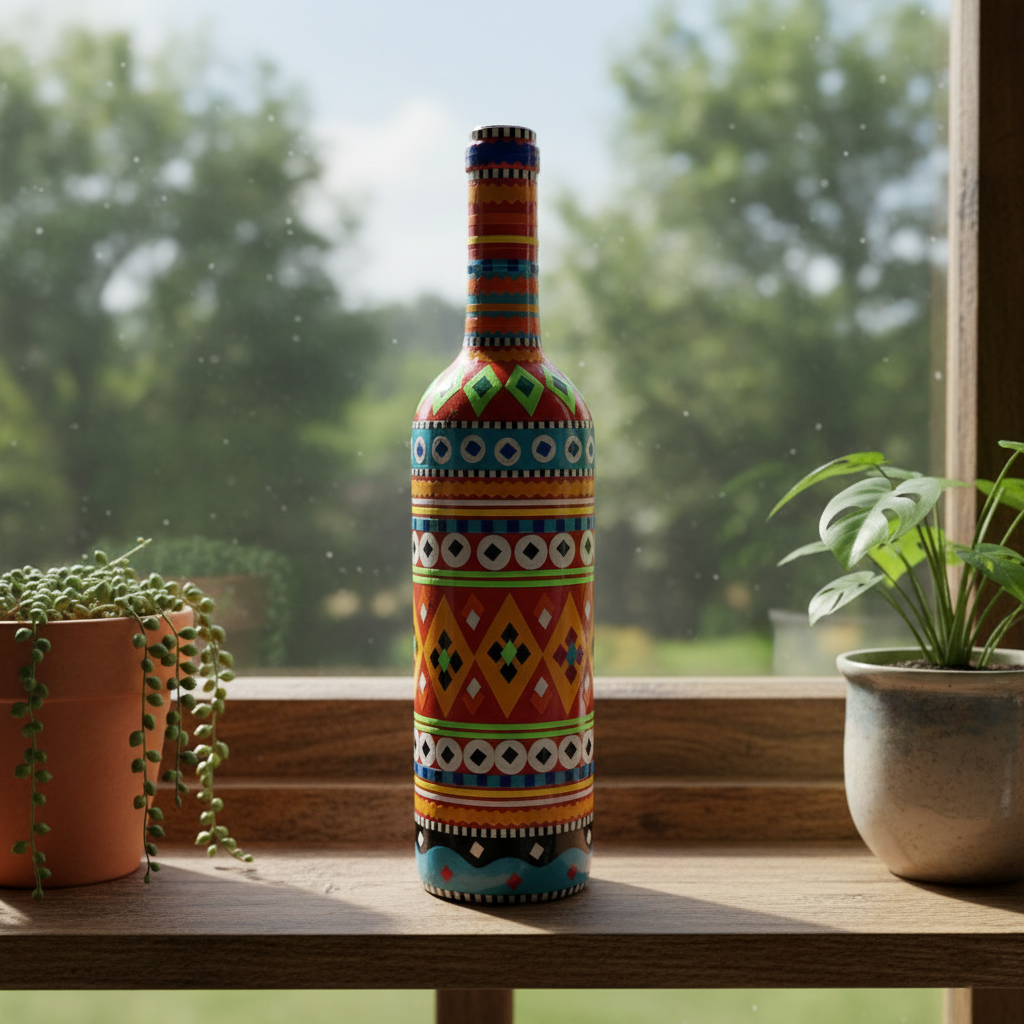 Traditional Truck Art Decorative Glass Bottle Vase – Handcrafted Multicolor Home Decor (750ml)