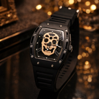 Skull Skeleton Matte Sport Watch – Luxury Metal Tonneau Style Wristwatch with Silicone Strap