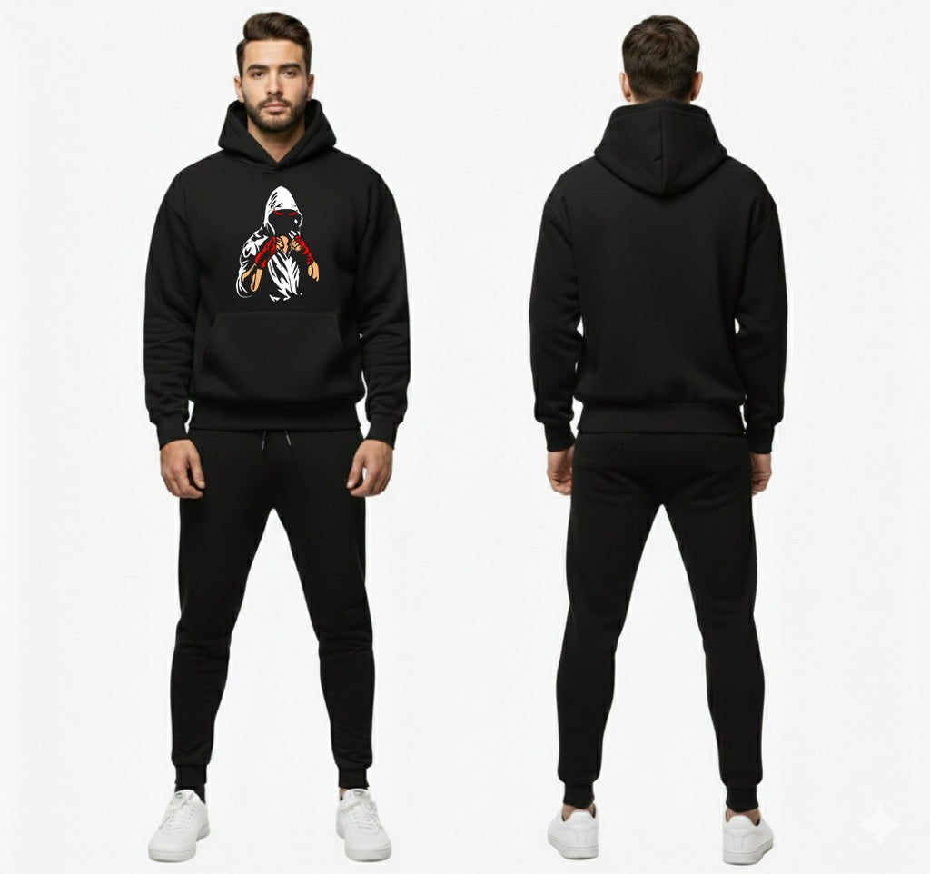 Men's Trendy Printed Tracksuit Black Casual Sportswear Sweat Suit Comfortable Fit