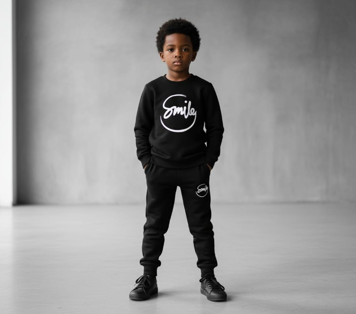Kids SMILE Printed Stylish Black & Black Tracksuit Set | Winter Fleece Sweatshirt & Trouser Outfit for Boys & Girls – Warm & Trendy FOR BABY AND KIDS