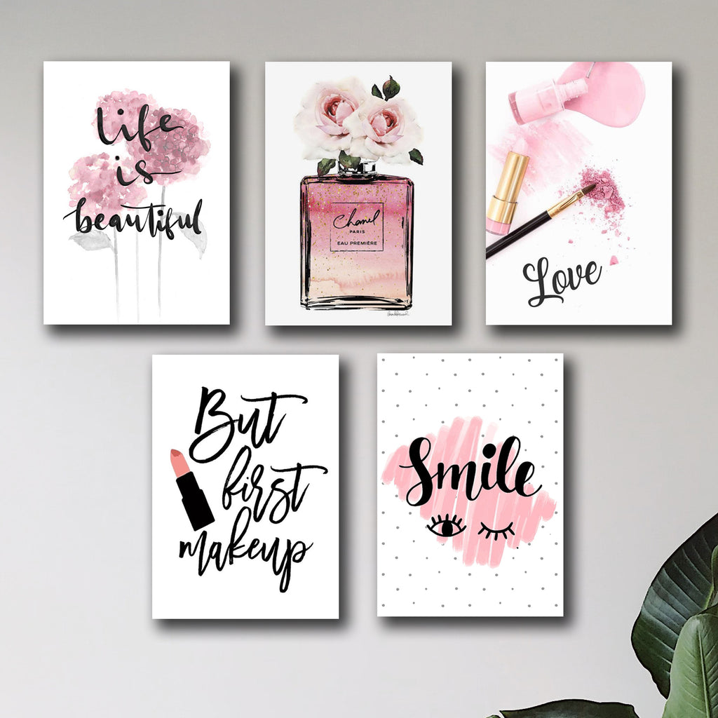 set of 5 make up themed girls room decore wall art wooden sticky Phototile frames