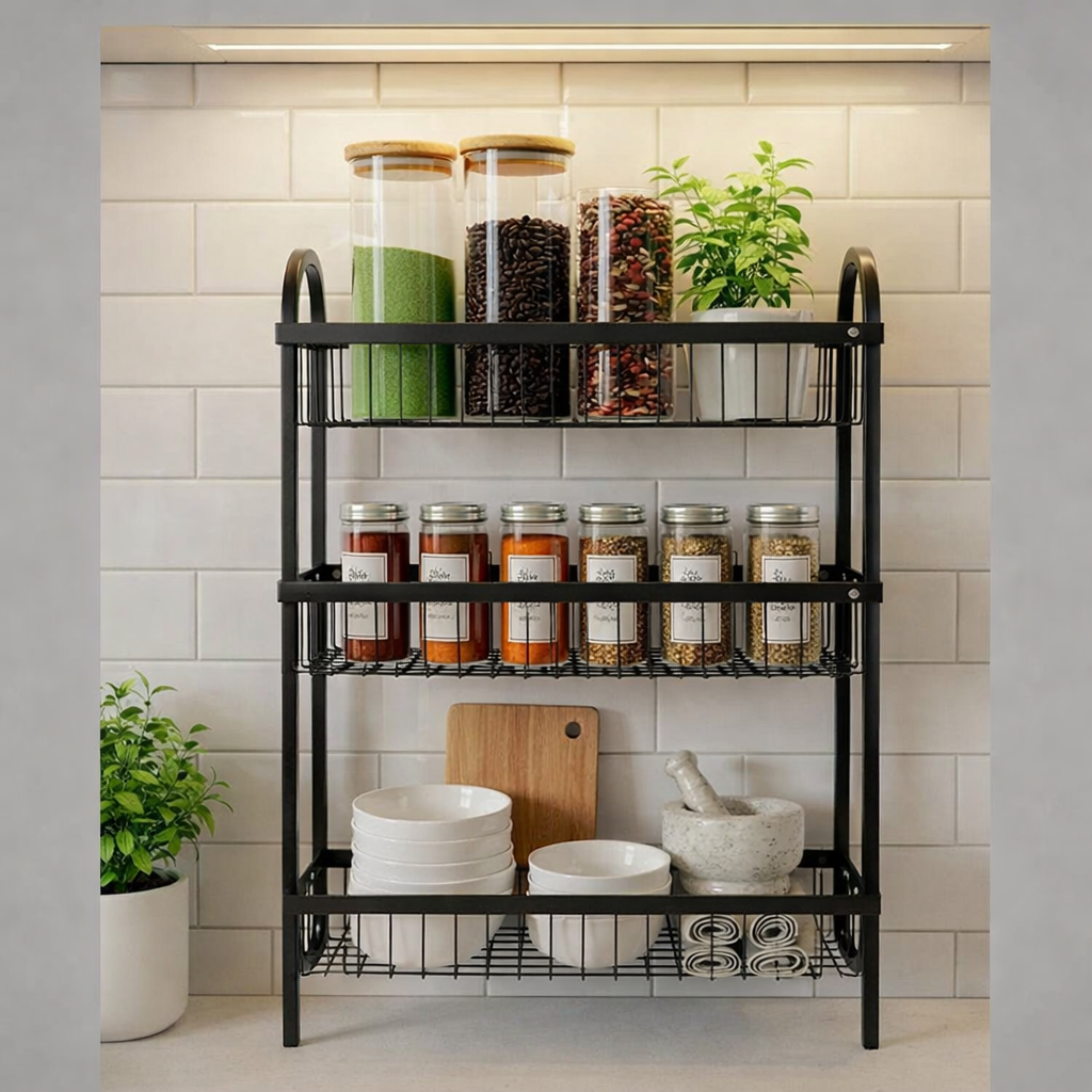 Wall Mounted Spice Rack Black Stainless Steel 3 Tier – DIY Assembly Required (Self Assemble)