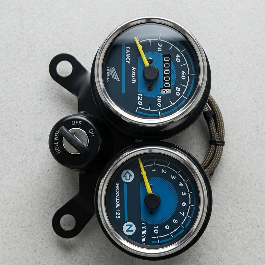 Double Round Fancy Meter Speedometer RPM for Honda 125 Motorcycle – Dual Analog Speed & RPM Gauge (Without Switch)