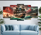 Pirate Ship Ocean Voyage Wall Art – 5-Piece Canvas Set (16x40 inches) | Wooden Sticky Tile Frames with Double Tape