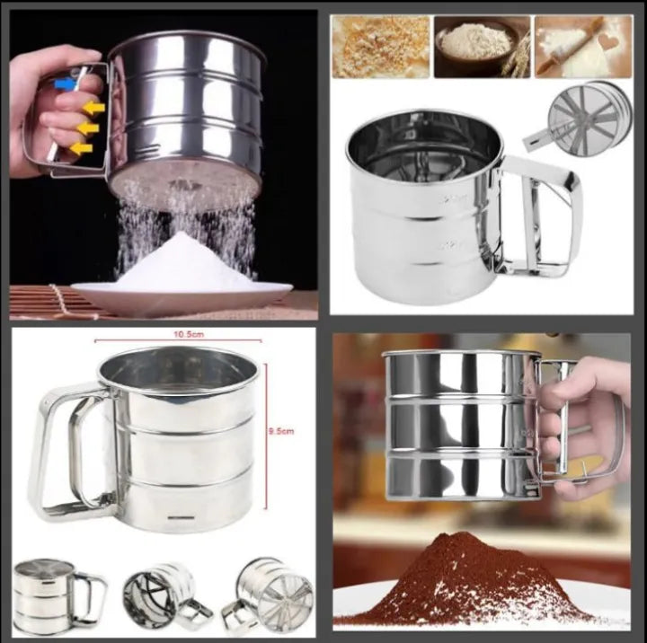 Flour Sifter, Stainless Steel Sifter for Baking, Double Layer Fine Mesh Baking Sifter, One Hand Press Crank Sifter for Powdered Sugar Shaker Duster, Flour Sieve Sifter for Baking Cakes