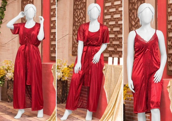 3 Pcs Premium Silk Nightwear Set With Lace | Satin Camisole & Shorts Sleepwear Free Size