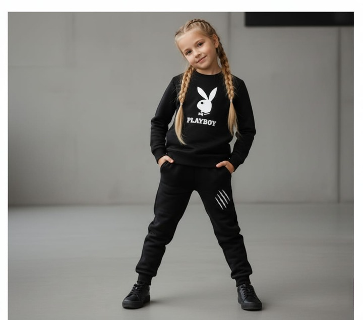 Kids PLAYBOY Printed Stylish Black & Black Tracksuit Set | Winter Fleece Sweatshirt & Trouser Outfit for Boys & Girls – Warm & Trendy FOR BABY AND KIDS