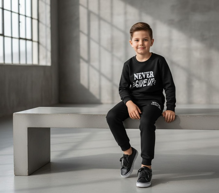 Kids “Never Give Up” Printed Black & Black Tracksuit Set | Winter Fleece Sweatshirt & Trouser Outfit for Boys & Girls – Warm & Motivational FOR BABY AND KIDS