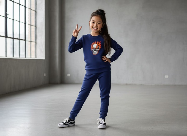 Kids Navy Blue Ghost Skull Printed Tracksuit Set | Winter Fleece Sweatshirt & Trouser Outfit for Boys & Girls – Warm, Trendy & Cool | FOR BABY AND KIDS