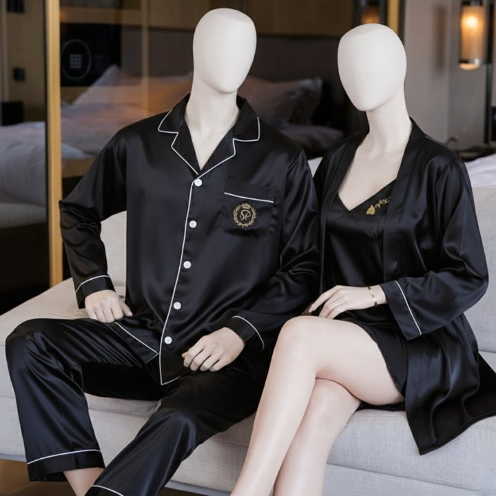 Couple Night Dress Silk Sleepwear Set – 4-Piece Pajama & Robe Set | SKU: DC-C012