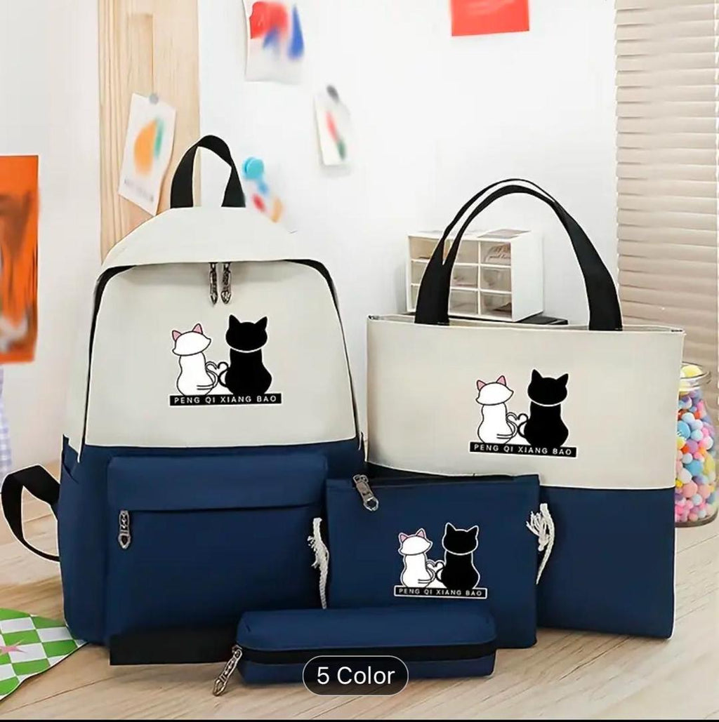 Cute Cat Print 5-in-1 School Bag Set for Girls – Backpack, Handbag, Crossbody Pouch, Pencil Case & Lunch Bag Stylish Combo
