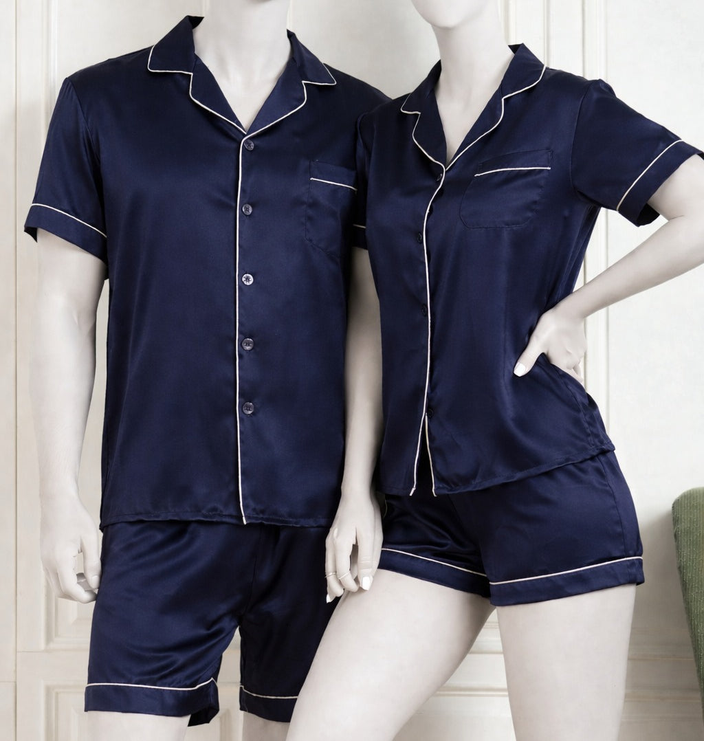 Couple Night Dress Silk Pajama Set – Short Sleeve Shirt & Shorts (4 Pcs) | SKU DC-C014