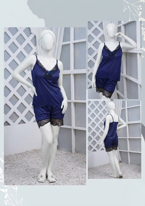 Women's Silk Nightwear Set with Black Lace – 2 Piece Cami Top & Shorts Sleepwear (Free Size) [SKU R-012]