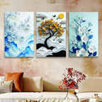 3-piece wooden wall art set featuring vibrant floral and tree motifs. Perfect for modern home decor. Comes in two sizes with easy-to-use wall tape.