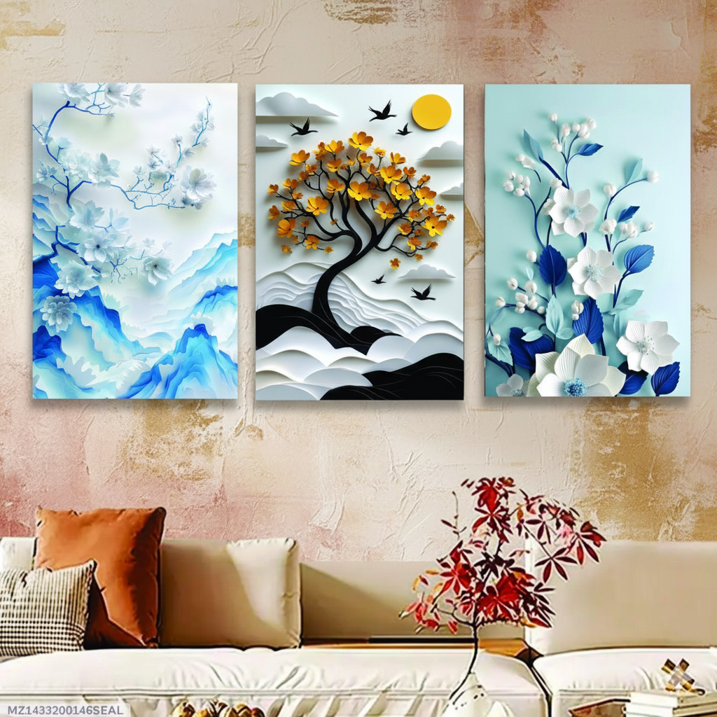 3-piece wooden wall art set featuring vibrant floral and tree motifs. Perfect for modern home decor. Comes in two sizes with easy-to-use wall tape.