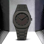 Black Minimalist Analog Wrist Aura Watch With Stainless Steel Strap And Butterfly Lock Non Waterproof