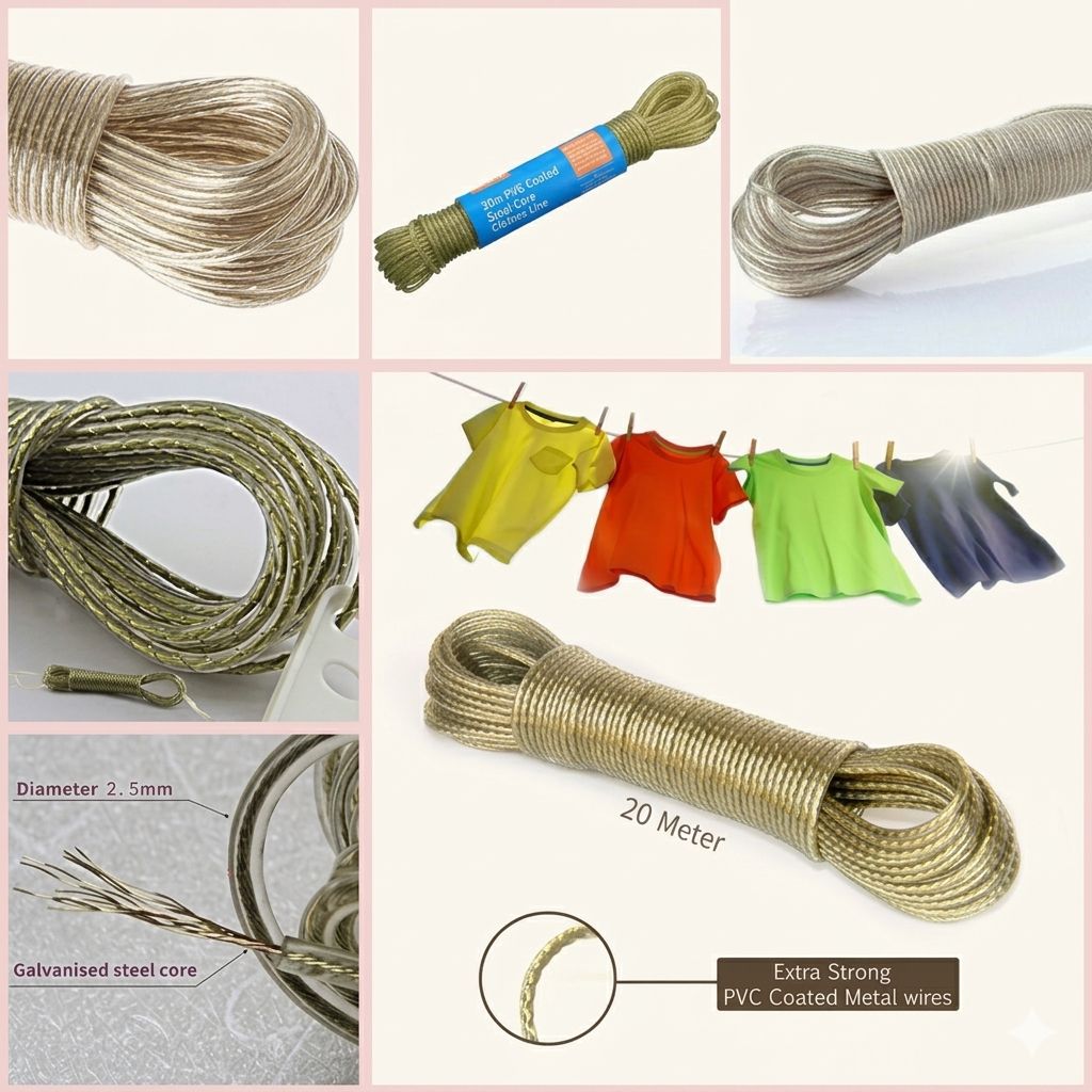 PVC Clothes Line 20M With Hooks | Heavy Duty Galvanized Steel Core Laundry Wet Rope | Durable PVC Coated Clothesline Wire