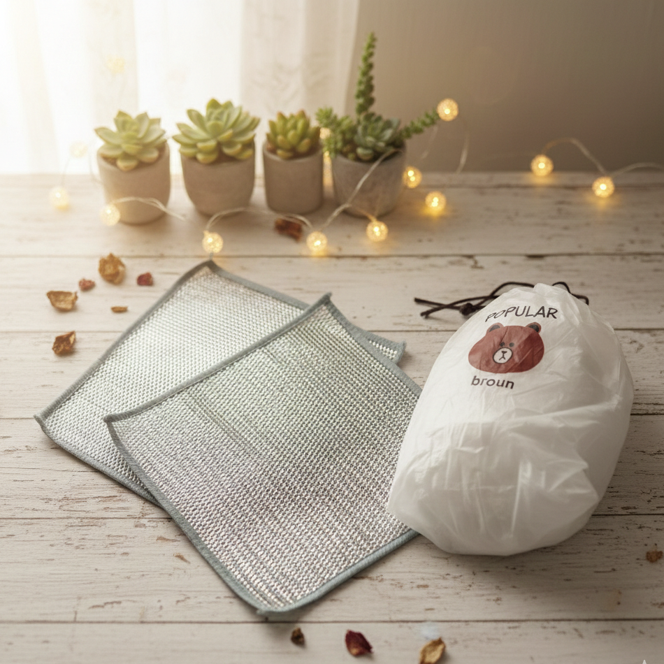 Combo Deal – 2 Pcs Metal Wire Cleaning Cloths with 1 Bear Design Food Cover Packet – Kitchen Cleaning & Food Protection Set