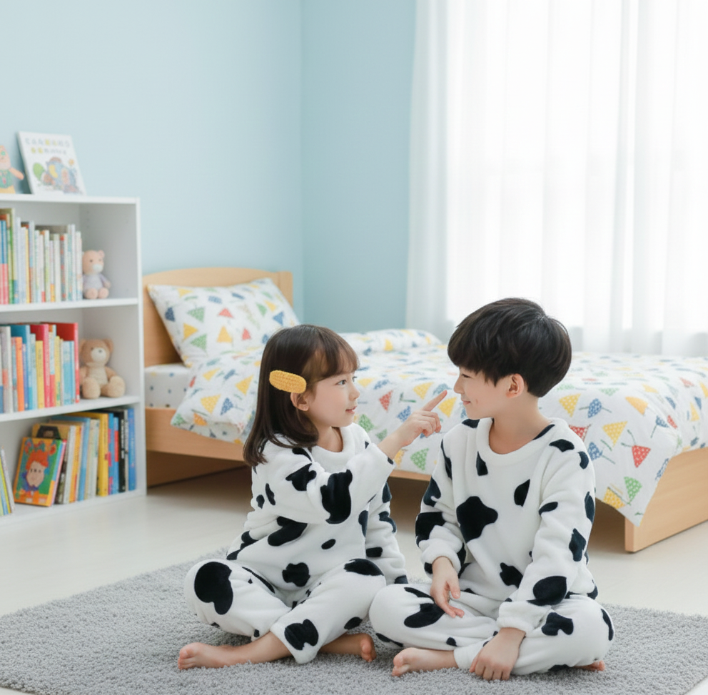 Ultra-Soft Fleece Kids Cow Print Pajamas | Plush Flannel Winter Loungewear Set for Boys & Girls