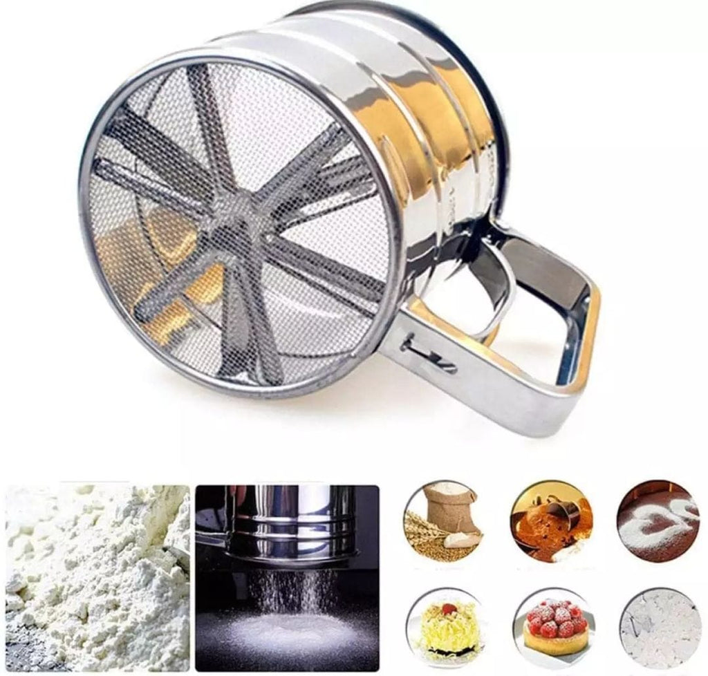 Flour Sifter Stainless Steel – Double Layer Fine Mesh Baking Sifter with One-Hand Press Crank for Cakes & Pastries