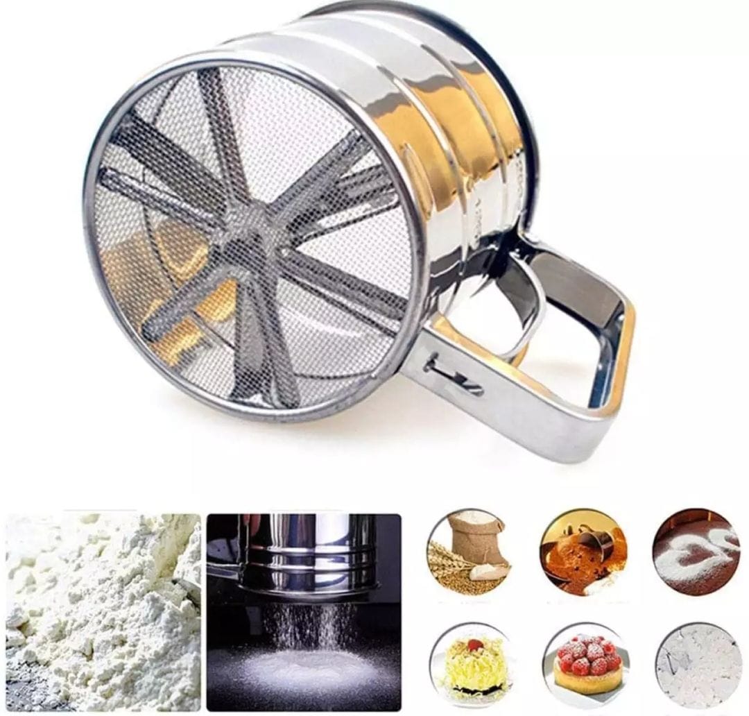 Flour Sifter Stainless Steel – Double Layer Fine Mesh Baking Sifter with One-Hand Press Crank for Cakes & Pastries