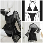 4 Piece Women’s Transparent Net Gown Set – Soft Lace Robe with Silk Inner, Bra & Panty | Free Size - Up to 38 Chest (DC-4052)