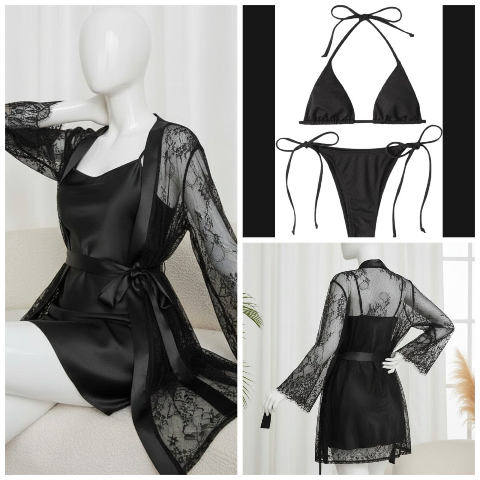 4 Piece Women’s Transparent Net Gown Set – Soft Lace Robe with Silk Inner, Bra & Panty | Free Size - Up to 38 Chest (DC-4052)