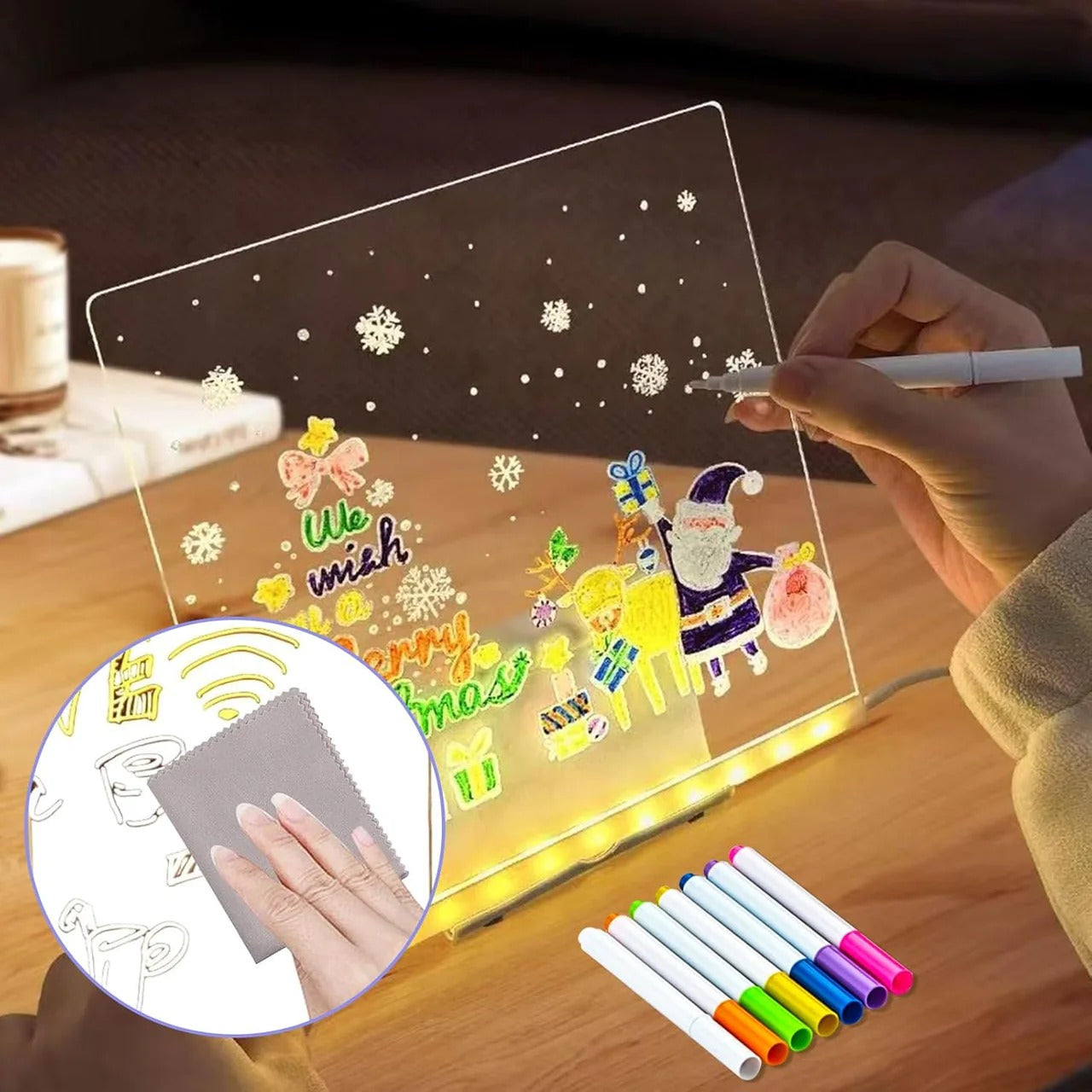 LED Light-Up Transparent Writing Board With 7 Marker | 15×15 cm Acrylic Pad with Stand | Colorful DIY Notes & Erasable Pens