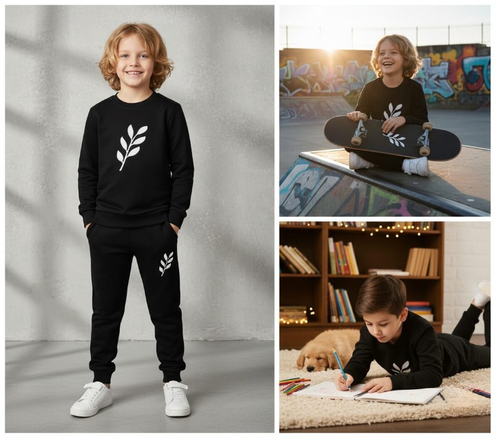 Kids Printed Stylish Black & Black Tracksuit Set | Winter Fleece Sweatshirt & Trouser Outfit for Boys & Girls – Warm & Trendy FOR BABU AND KIDS