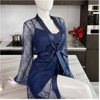 Soft Lace Robe & Silk Inner – 2 Piece Transparent Net Gown Set | Free Size (Fits Up to 38” Chest)