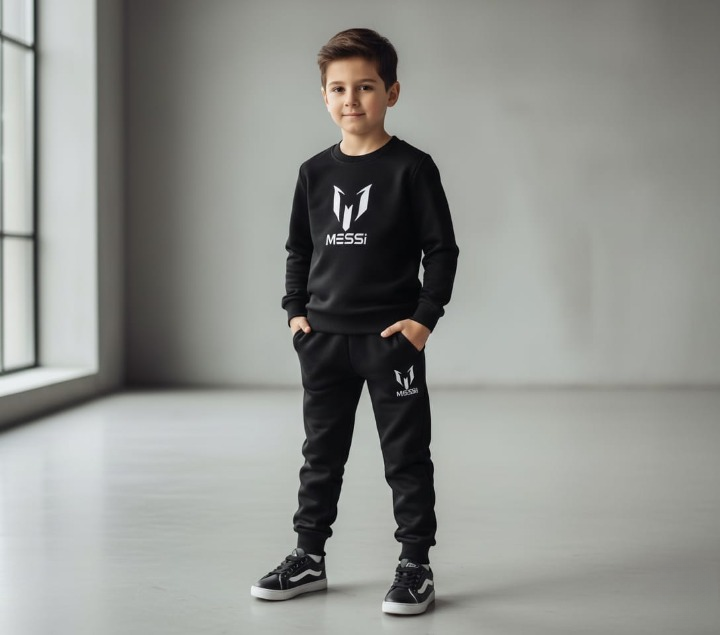 Kids Missi Printed Black & Black Tracksuit Set | Winter Fleece Sweatshirt & Trouser Outfit for Boys & Girls – Warm, Cozy & Stylish FOR BABY AND KIDS