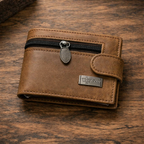 Premium Men’s Mini Leather Wallet With Zipper & Button | 8 Card Slots | Dollar Size | With Box