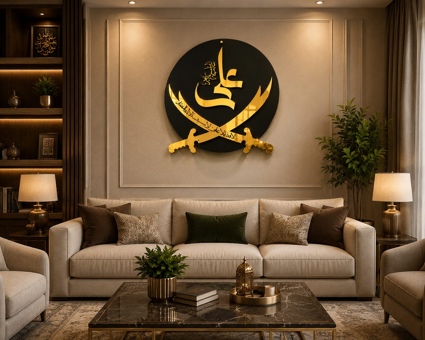 Premium Gold Acrylic & Black Wood Zulfiqar Wall Art – Islamic "Ali" Calligraphy