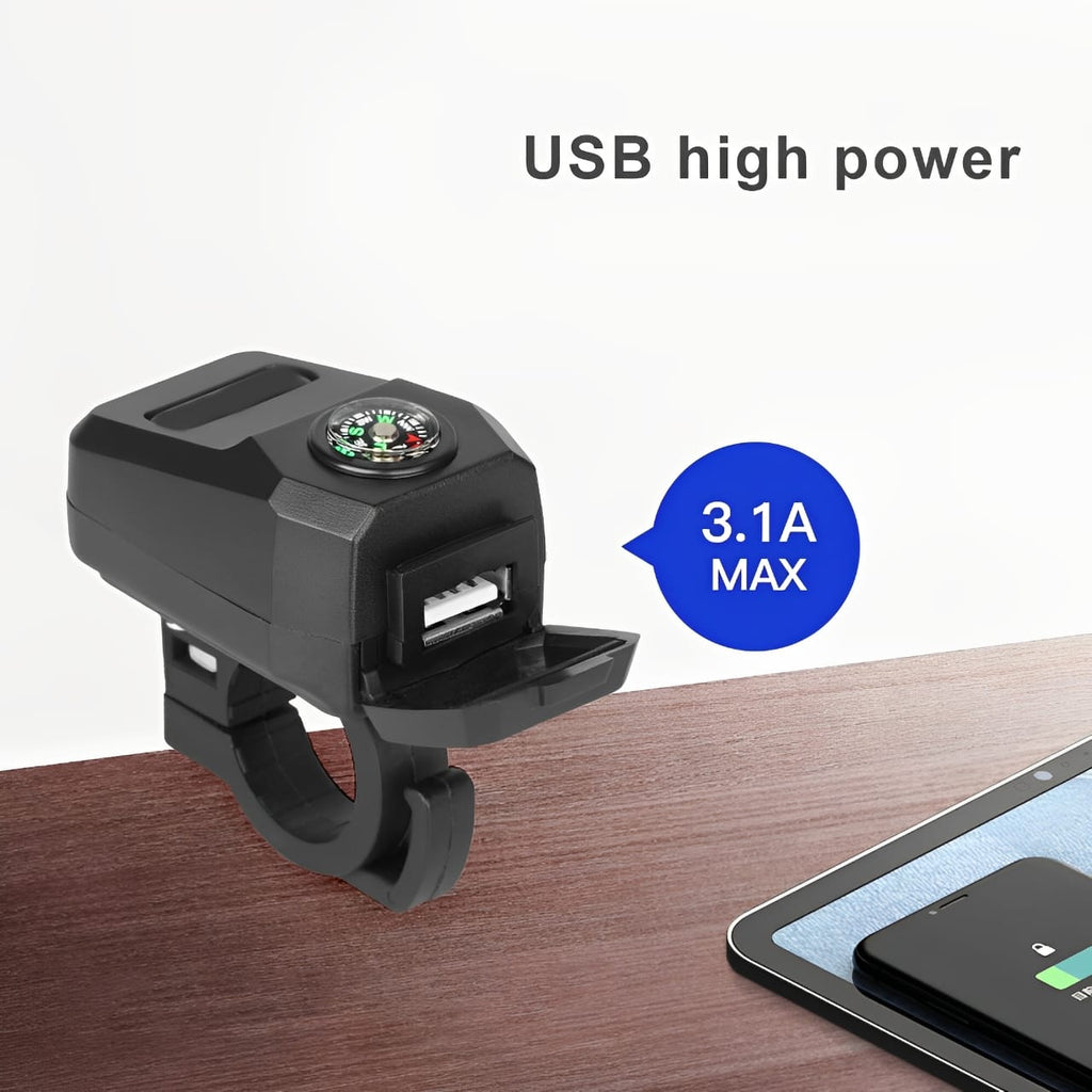 Motorcycle USB Charger with Compass – Fast Charging, Waterproof, 36-105V – Universal for Motorcycles &amp; E-Bikes