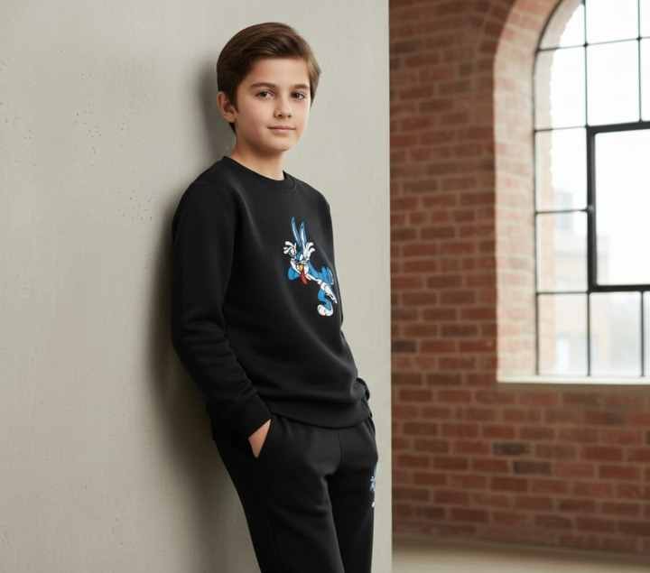 Black Bunny Printed Kids Tracksuit | Winter Fleece Sweatshirt & Trouser Set for Boys & Girls – Warm & Comfy Outfit FOR BABY AND KIDS