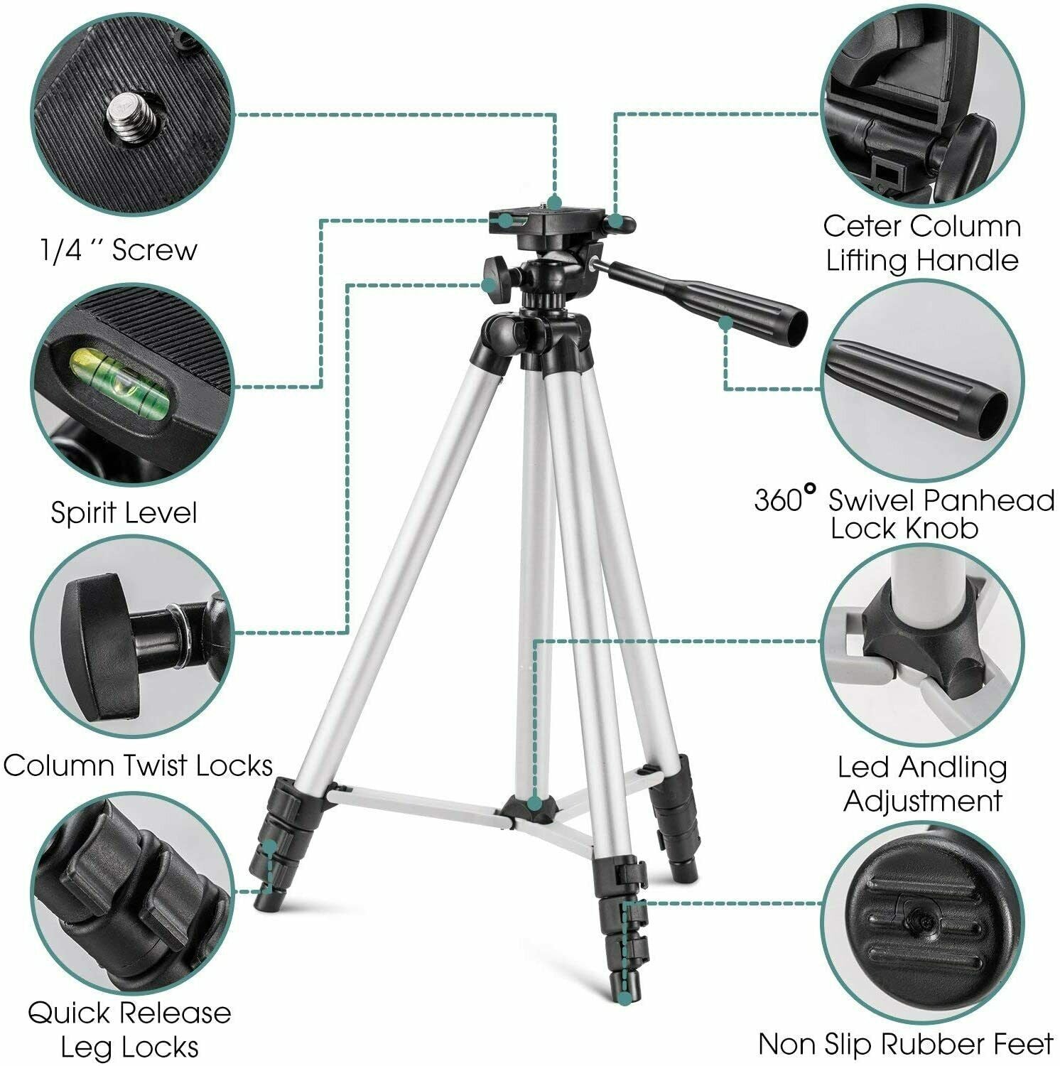 Pack Of 03 3.5 Feet Adjustable Tripod Stand for Mobile Phones and Cameras with Mobile Holder, Portable DSLR Stand for Vlogging, Universal Silver Model 3110 and Bag