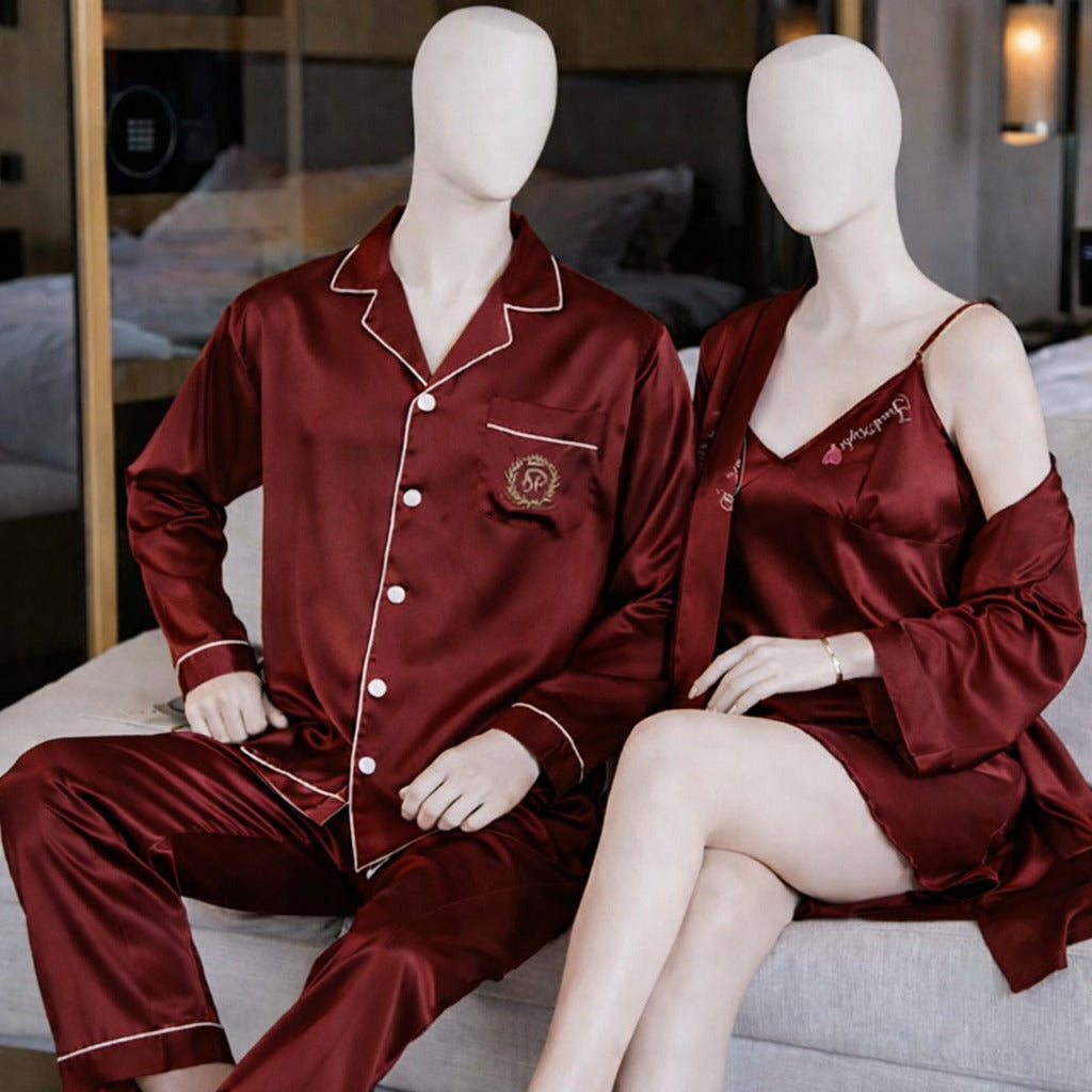 Couple Night Dress Silk Sleepwear Set – 4-Piece Pajama & Robe Set | SKU: DC-C012