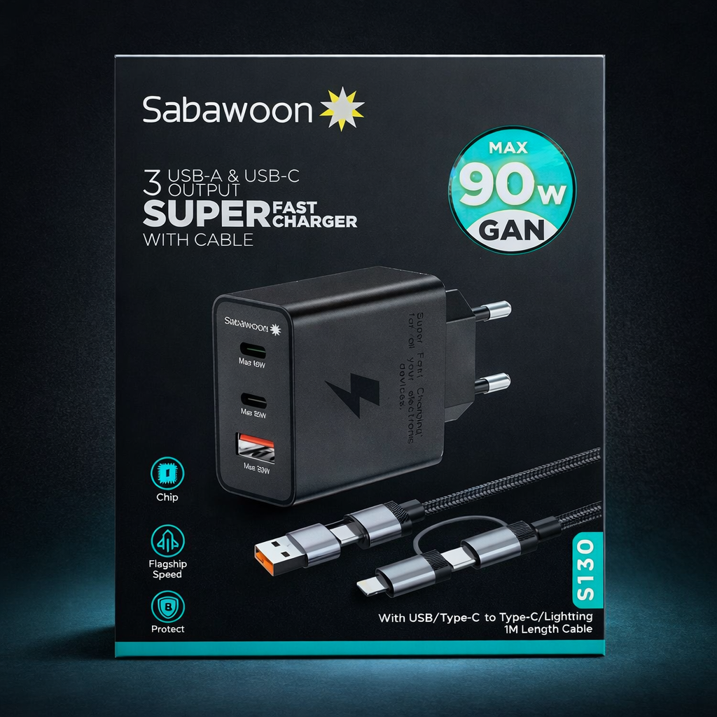 Sabawoon S130 90W GaN Super Fast Charger – 3 Port USB & Type-C Fast Charging Adapter with Cable