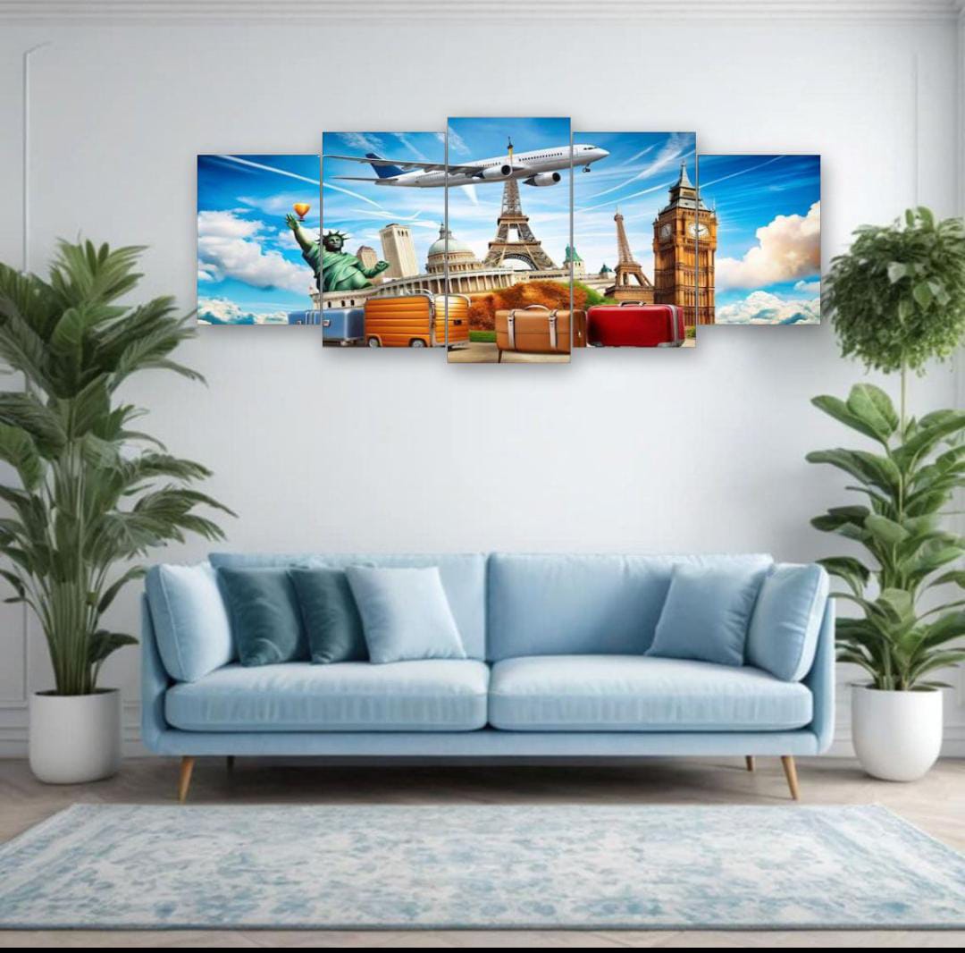 World Travel Landmarks Wall Art – 5-Piece Canvas Set (16x40 inches) | Wooden Sticky Tile Frames with Double Tape