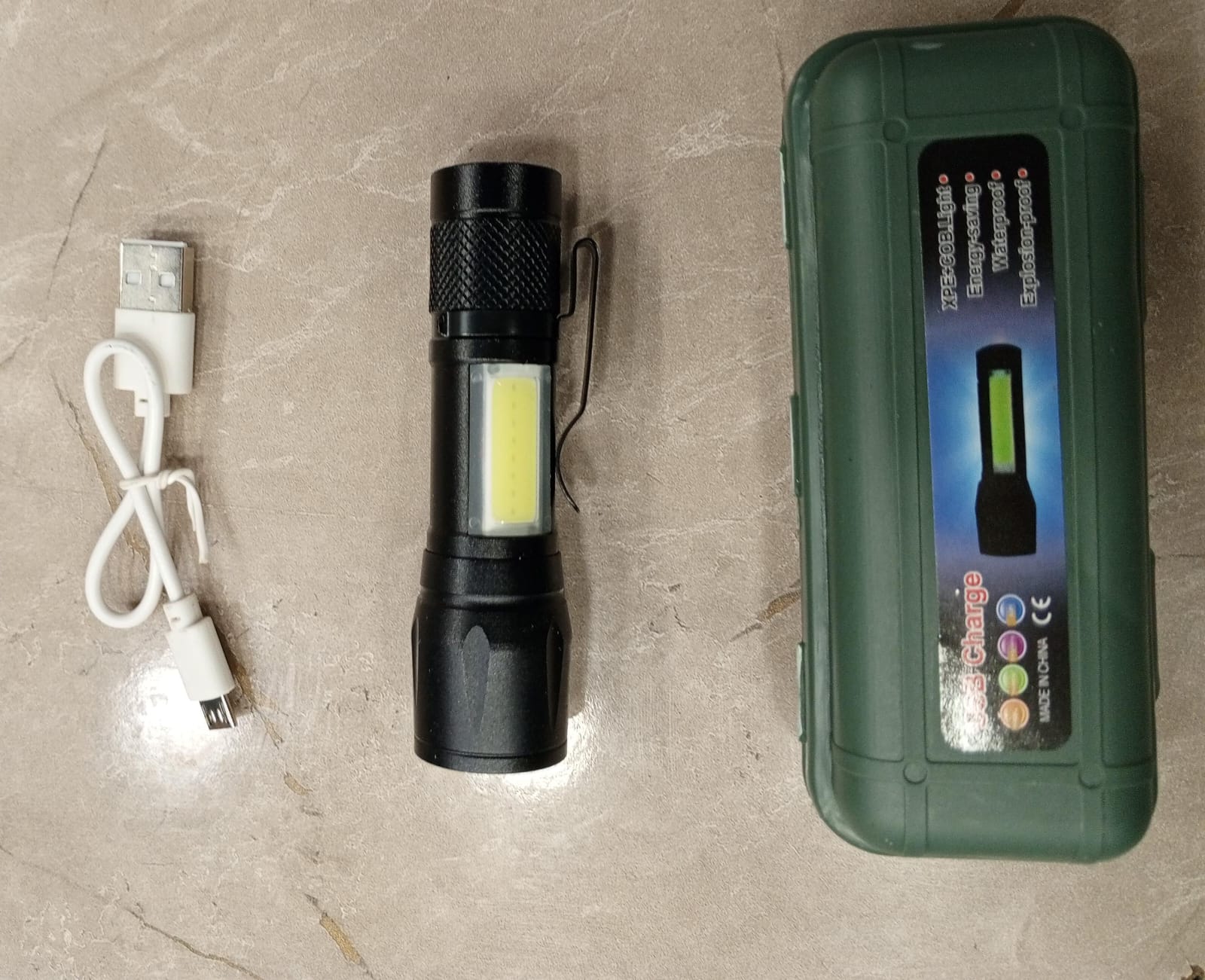 Mini Rechargeable LED Flashlight – Waterproof Torch with USB Fast Charging & Side Lamp (Metal Body)