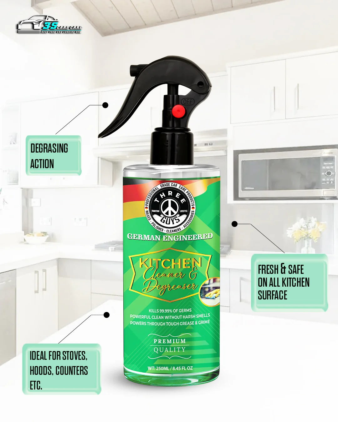 Kitchen Cleaner & Degreaser – Heavy Duty, Germ-Killing & Grease-Fighting Formula | THREE GUYS - German Engineered (250) ML