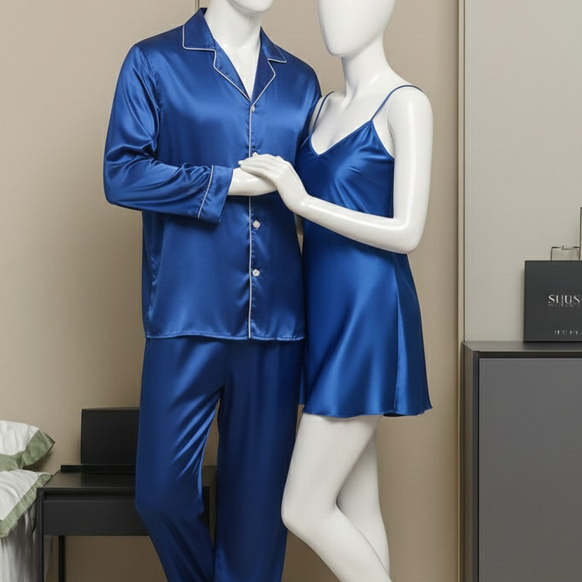 Premium Nighty Suit Satin Silk Couple Pajama Set – Luxurious Matching Night Wear for Men & Women (3 Pcs) | SKU: DC-C005