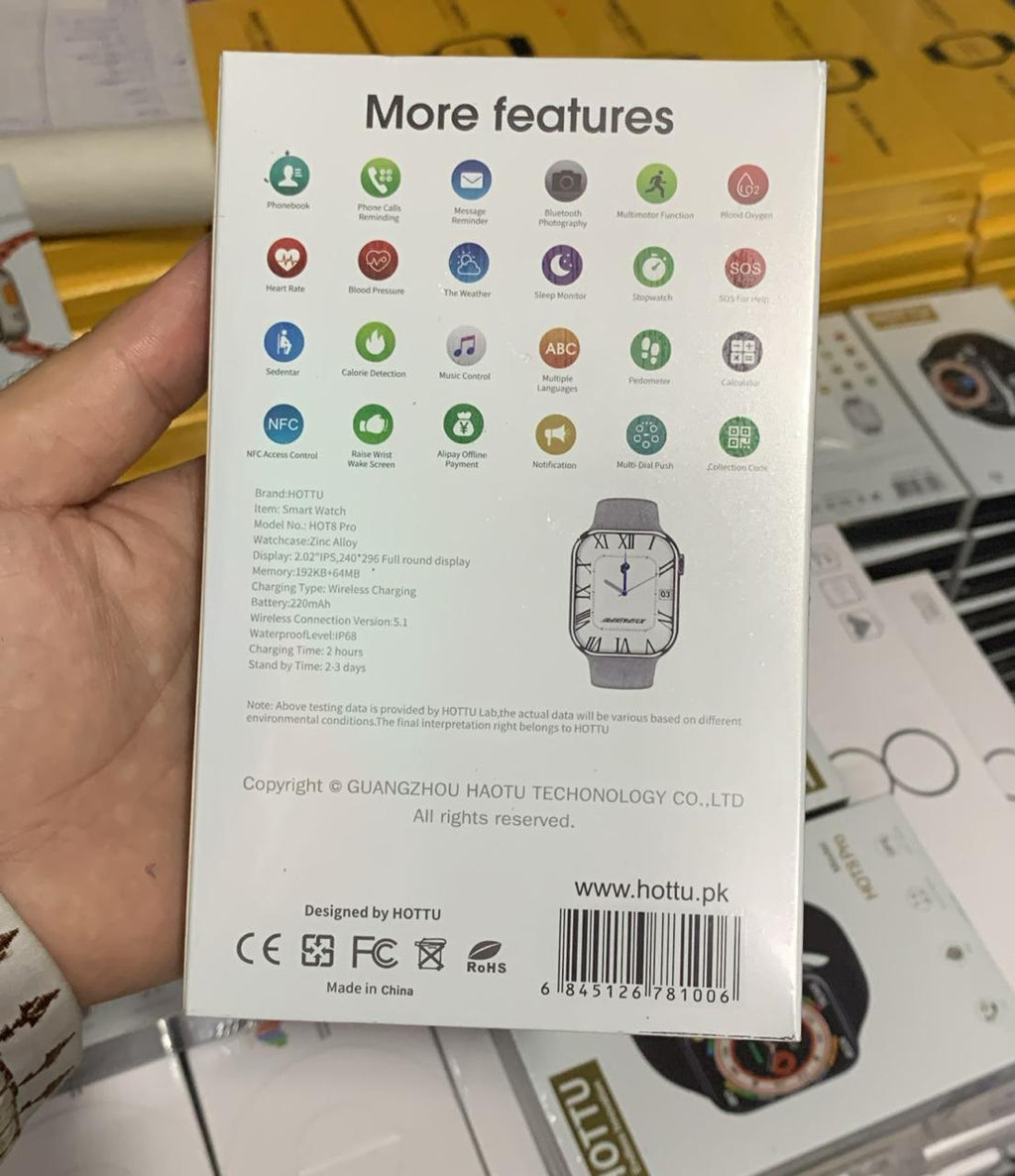 HOTTU Smart Watch Hot 8 Pro ⌚ | 2.02" HD IPS LED Display | Water Resistant | Heart Rate & Music Control | Android Compatible