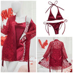 4 Piece Women’s Transparent Net Gown Set – Soft Lace Robe with Silk Inner, Bra & Panty | Free Size - Up to 38 Chest (DC-4052)