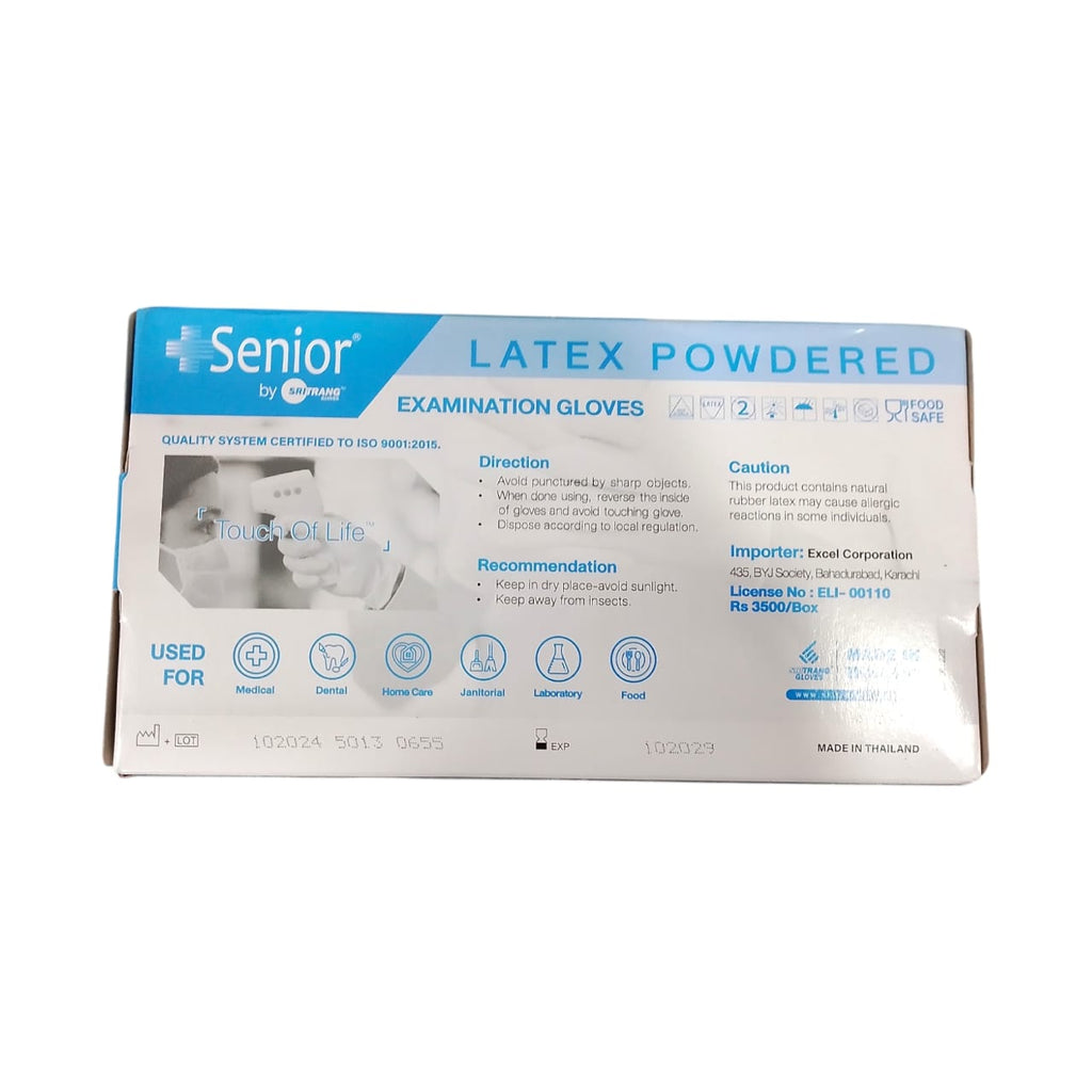 Senior Latex Examination Powdered Gloves – 100 Pcs Box, Premium Quality Disposable Medical Gloves For Professional Use, White Color